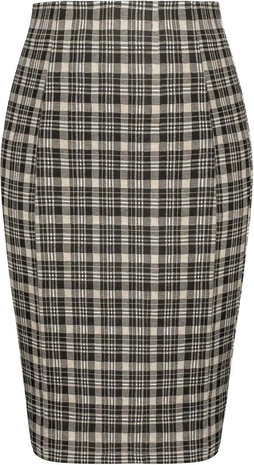 Kate Kasin Womens Knee Length Elastic Waist Stretchy Bodycon Plaid Business Pencil Skirt