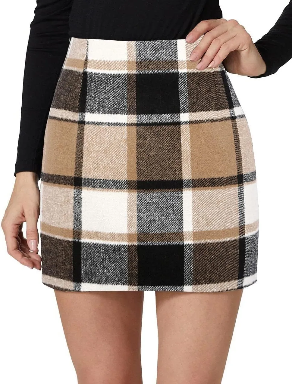 Kinghua Womens Wool Plaid Mini Skirt Fall Winter High Waisted Bodycon Pencil Skirt