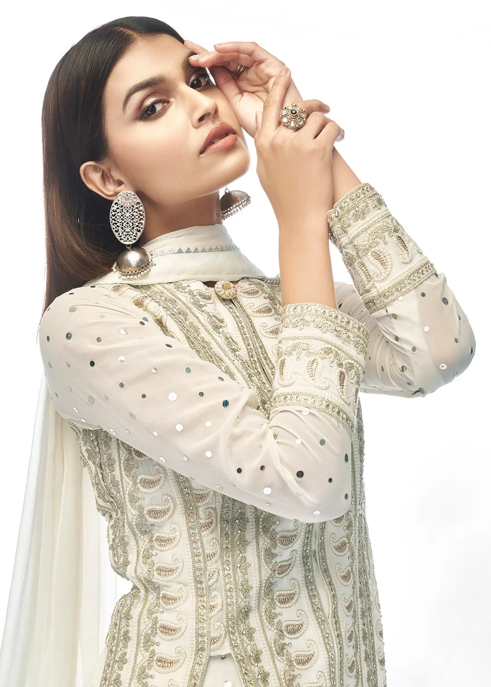 Malta White Paneled Georgette Skirt Anarkali Suit