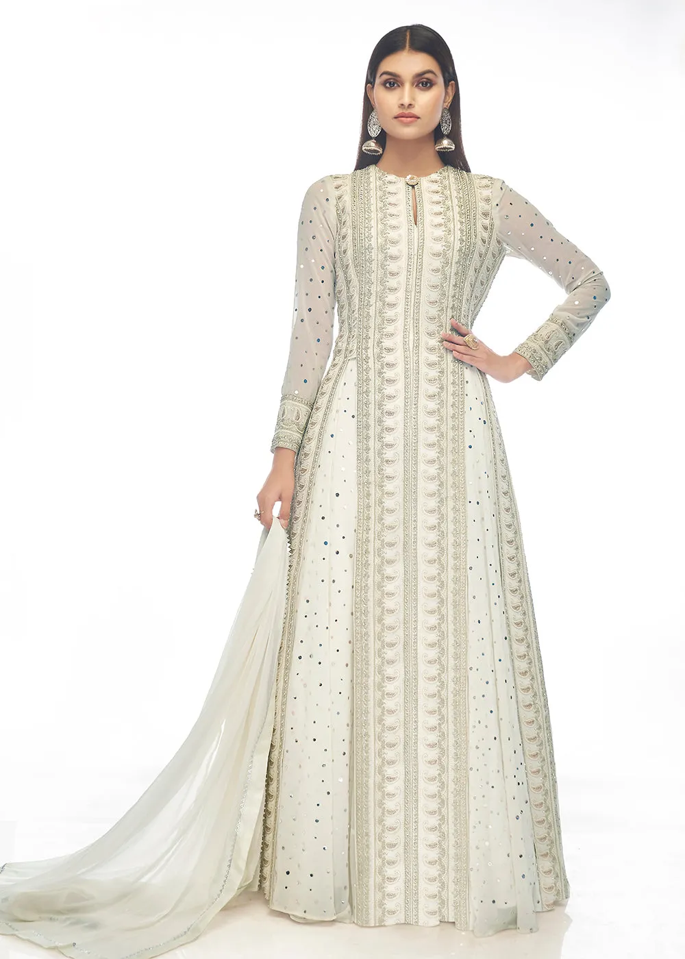 Malta White Paneled Georgette Skirt Anarkali Suit