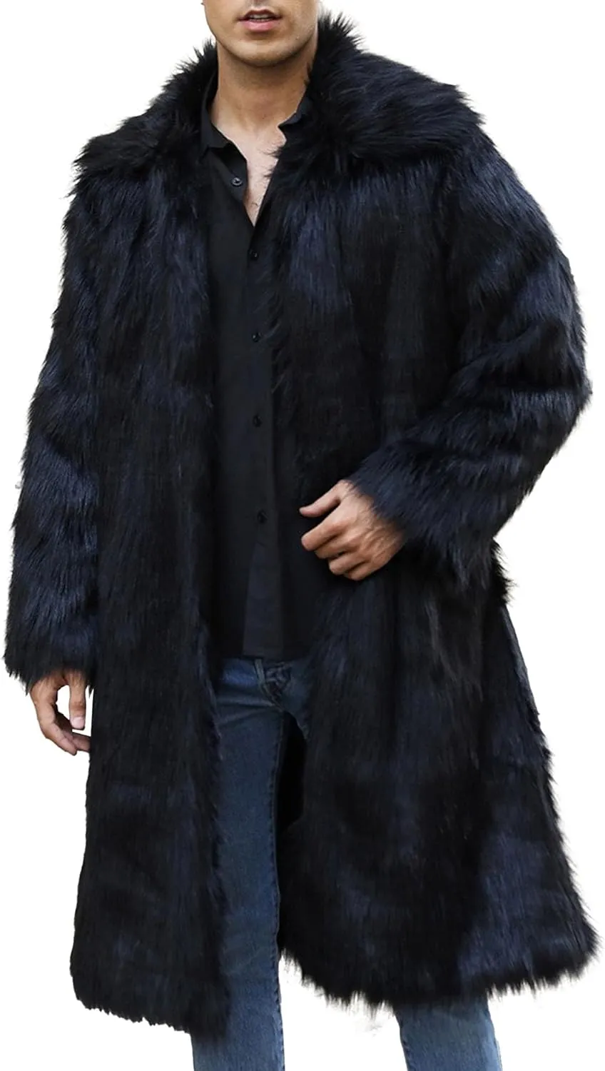 Men's Fox Fur Winter Coat Jackets Casual Fluffy Winter Long Jacket Faux Fur Turn-Down Collar Coat