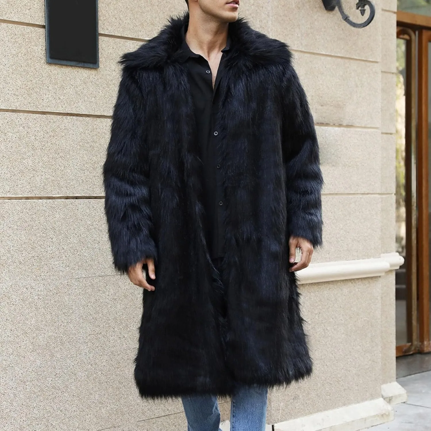 Men's Fox Fur Winter Coat Jackets Casual Fluffy Winter Long Jacket Faux Fur Turn-Down Collar Coat