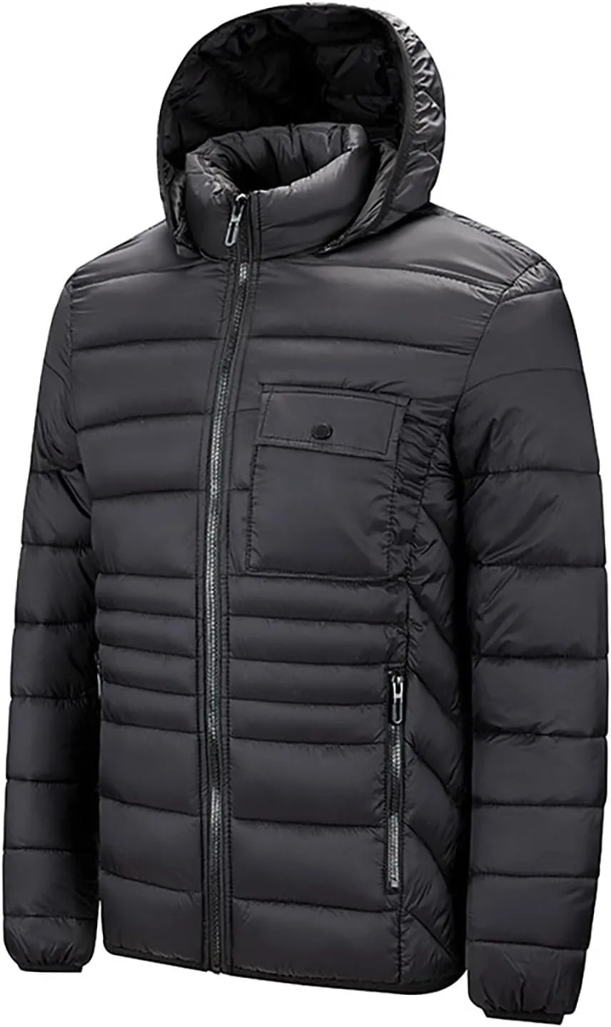 Mens Puffer Jacket Lightweight Hooded Down Jacket Water Resistant Quilted Jacket Plus Size Insulated Jacket Winter Coat