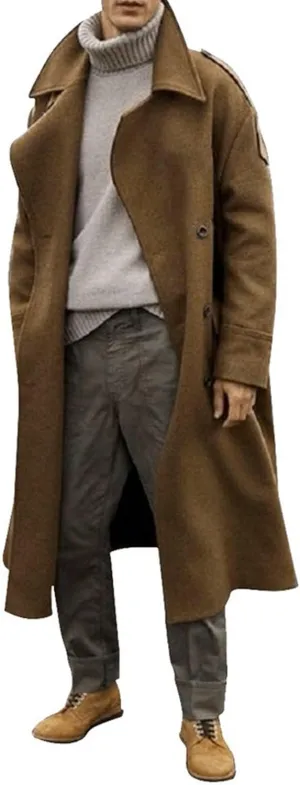 Mens Trench Coat Winter Wool Blend Overcoat Notched Lapel Double Overcoat Classic Peacoat with Pockets