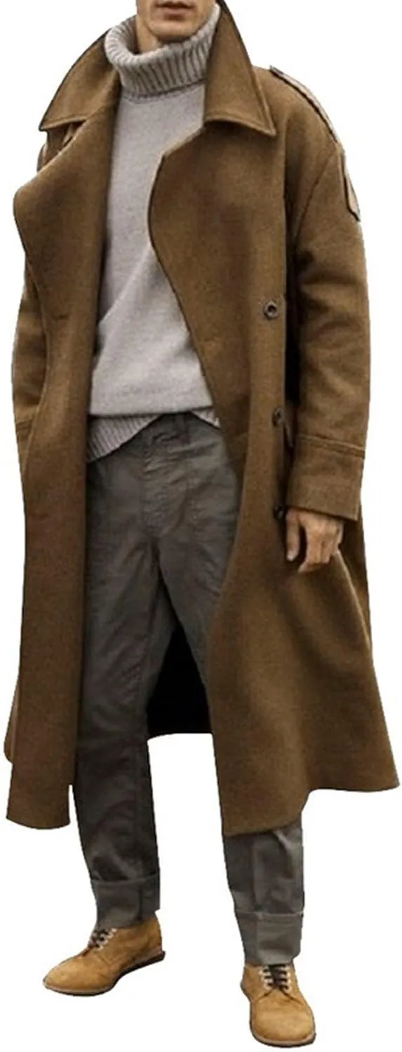 Mens Trench Coat Winter Wool Blend Overcoat Notched Lapel Double Overcoat Classic Peacoat with Pockets