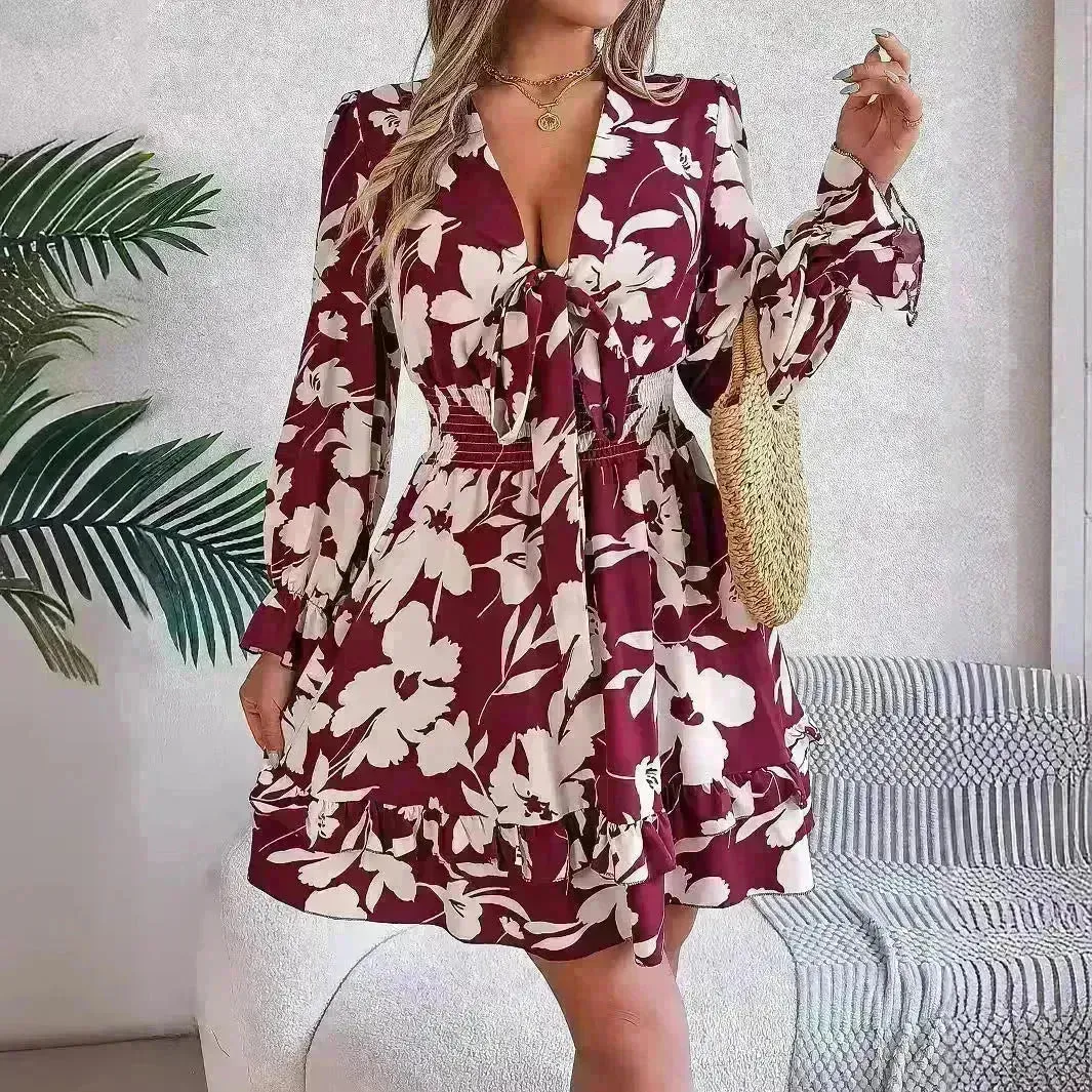 New Floral Printed V-Neck Long Sleeve Dress Fashion Ruffles Bowknot A-Line Short Mini  Skater Dress Women's Clothing