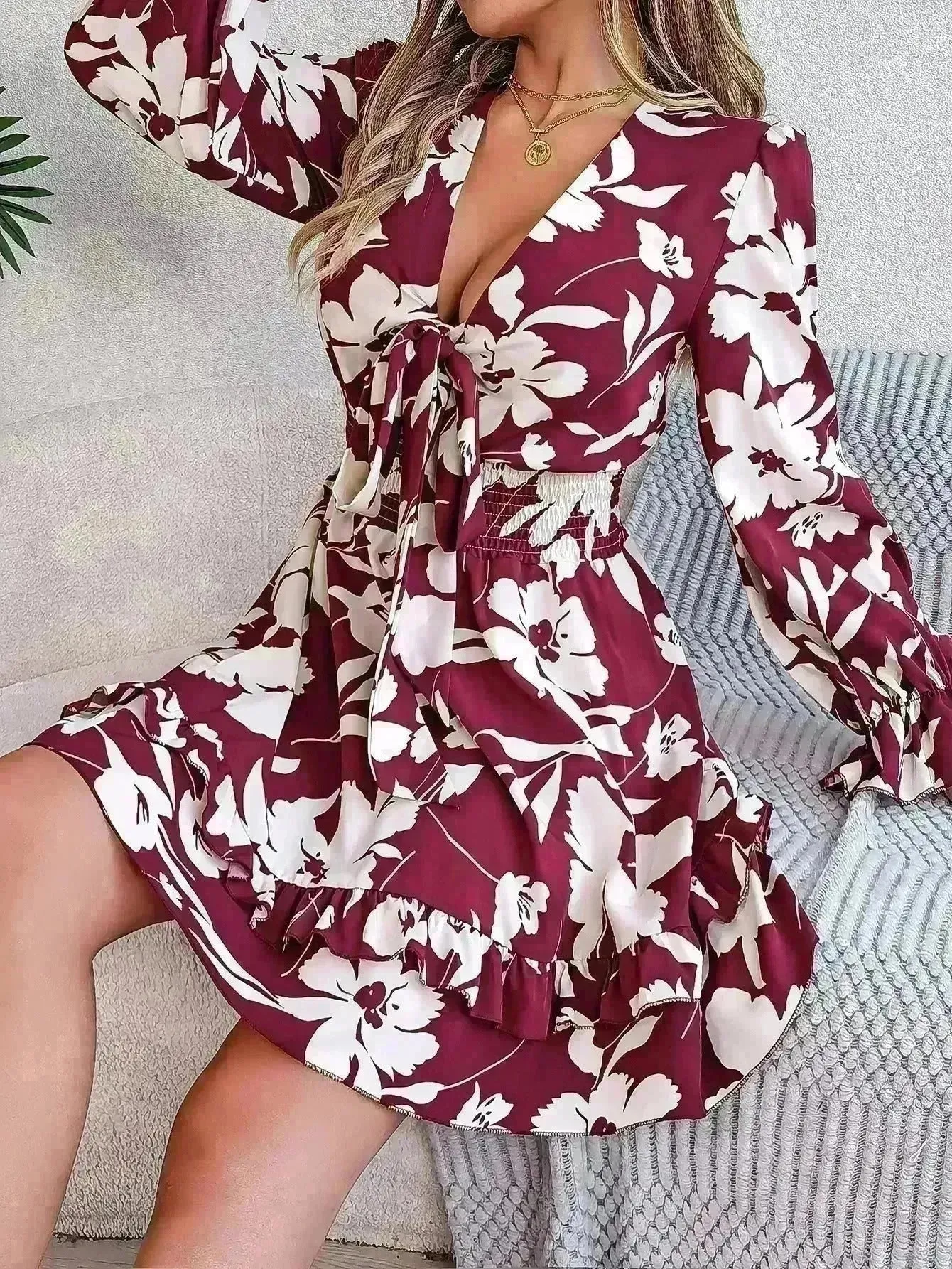 New Floral Printed V-Neck Long Sleeve Dress Fashion Ruffles Bowknot A-Line Short Mini  Skater Dress Women's Clothing
