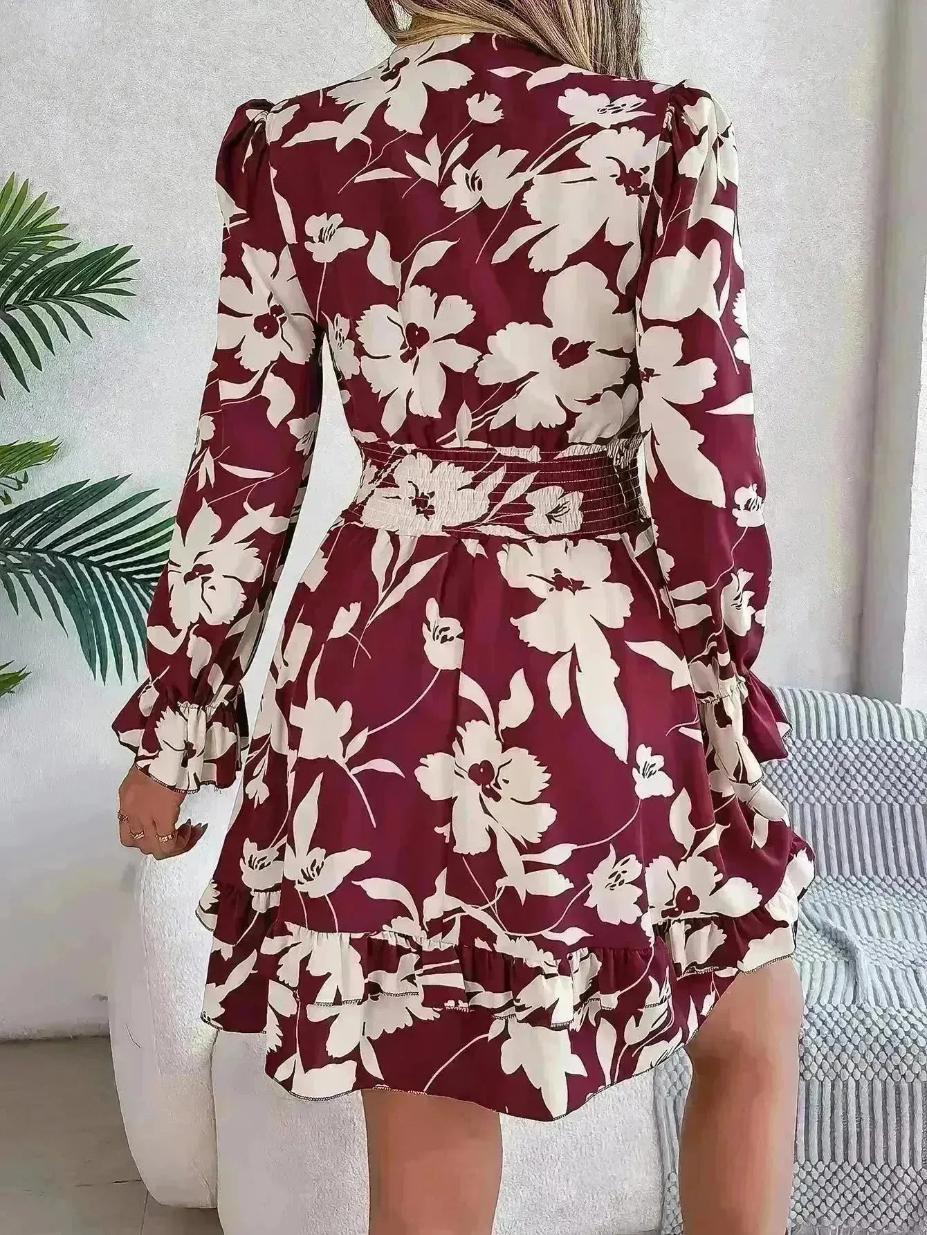New Floral Printed V-Neck Long Sleeve Dress Fashion Ruffles Bowknot A-Line Short Mini  Skater Dress Women's Clothing