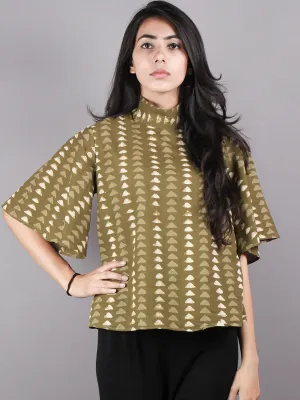 Olive Green Beige High Neck Hand Block Printed Cotton Flared Sleeves Back Buttons Top - T1141017