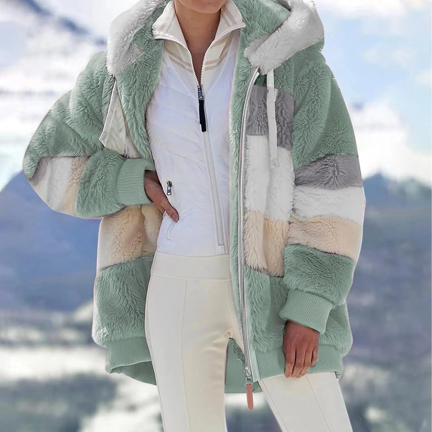 Plus Size Winter Coats for Women Fuzzy Fleece Sherpa Hooded Jacket with Pocket Colorblock Zip Up Coat Winter Warm Top