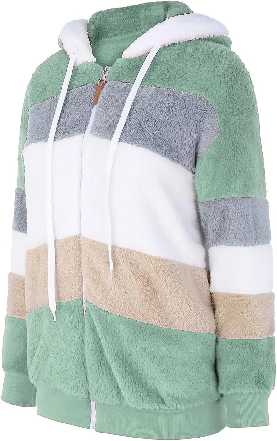 Plus Size Winter Coats for Women Fuzzy Fleece Sherpa Hooded Jacket with Pocket Colorblock Zip Up Coat Winter Warm Top