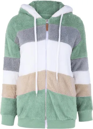 Plus Size Winter Coats for Women Fuzzy Fleece Sherpa Hooded Jacket with Pocket Colorblock Zip Up Coat Winter Warm Top