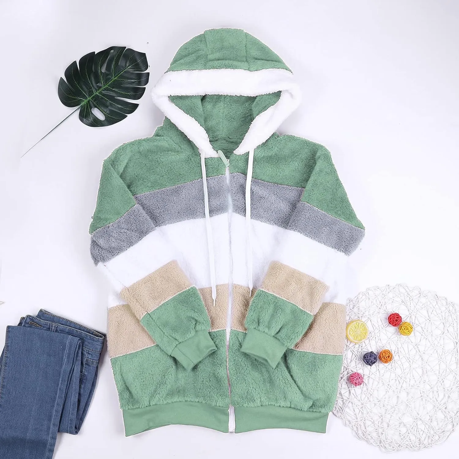 Plus Size Winter Coats for Women Fuzzy Fleece Sherpa Hooded Jacket with Pocket Colorblock Zip Up Coat Winter Warm Top