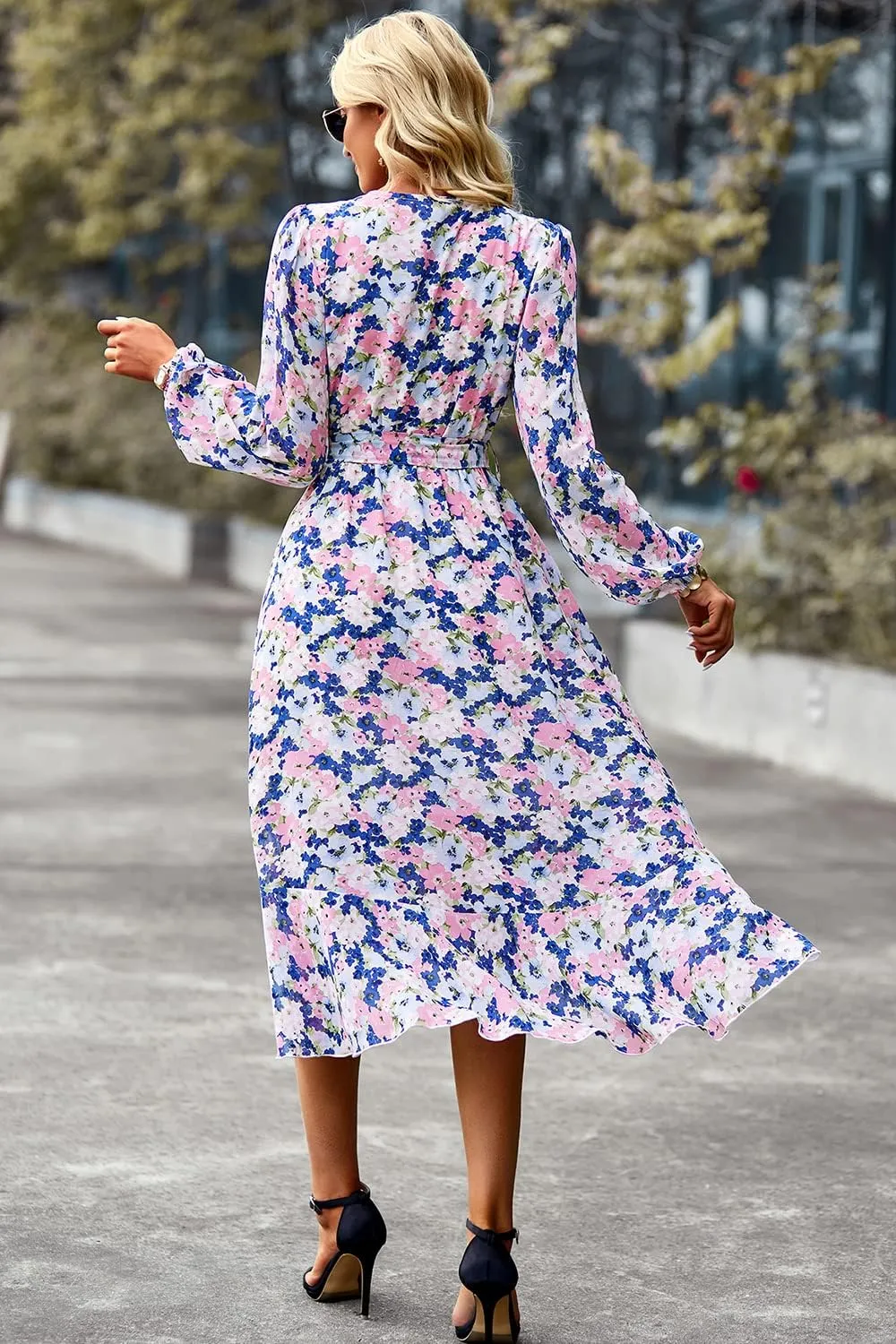 PRETTYGARDEN Women's Floral Boho Dress Fall Long Sleeve Wrap V Neck Ruffle Flowy Maxi Spring Wedding Guest Vacation Dresses