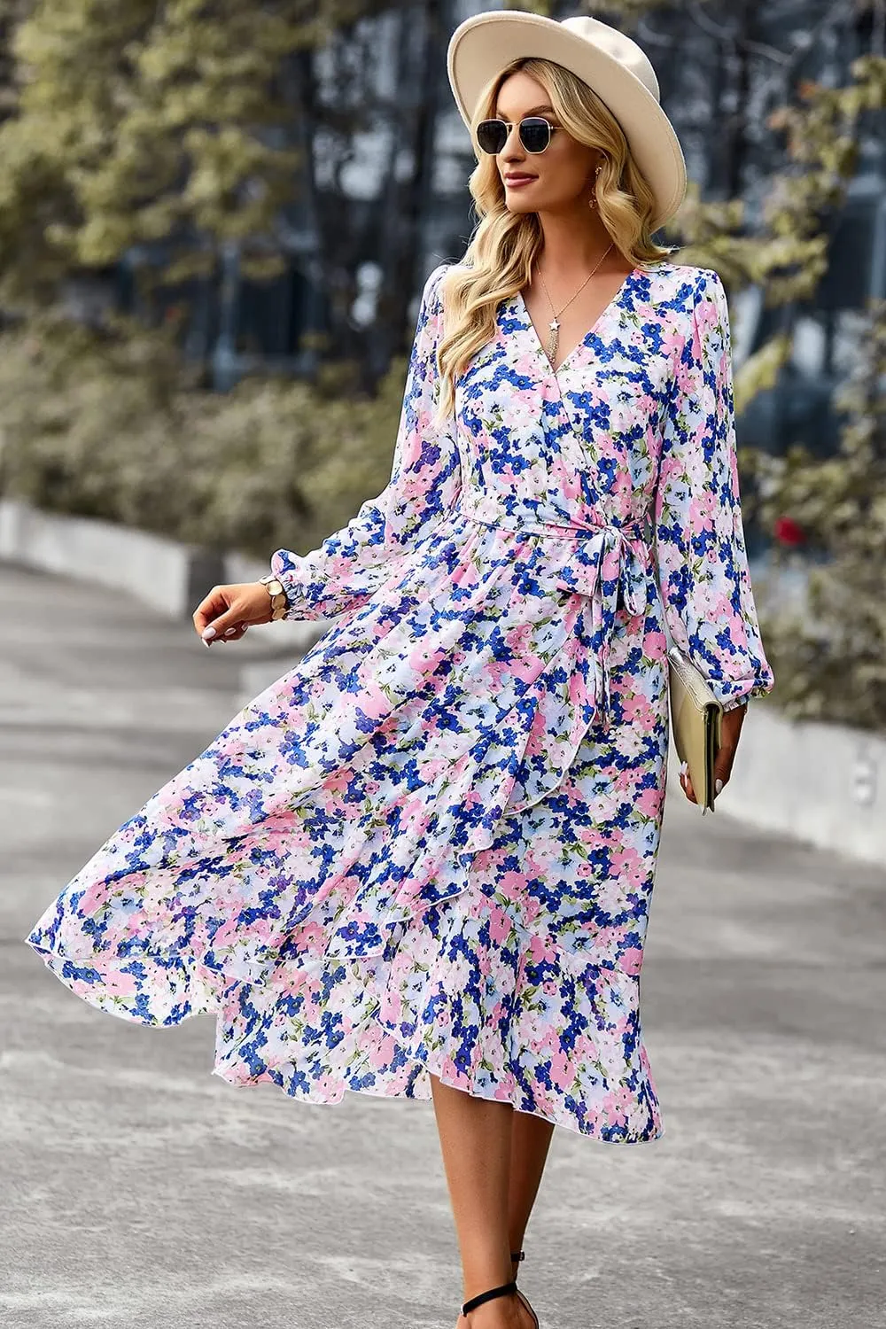 PRETTYGARDEN Women's Floral Boho Dress Fall Long Sleeve Wrap V Neck Ruffle Flowy Maxi Spring Wedding Guest Vacation Dresses