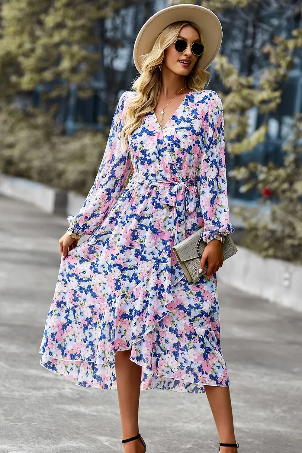 PRETTYGARDEN Women's Floral Boho Dress Fall Long Sleeve Wrap V Neck Ruffle Flowy Maxi Spring Wedding Guest Vacation Dresses