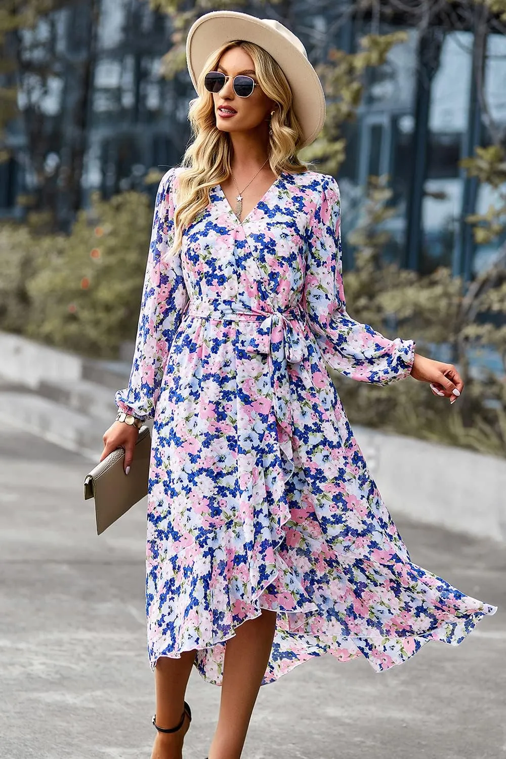 PRETTYGARDEN Women's Floral Boho Dress Fall Long Sleeve Wrap V Neck Ruffle Flowy Maxi Spring Wedding Guest Vacation Dresses