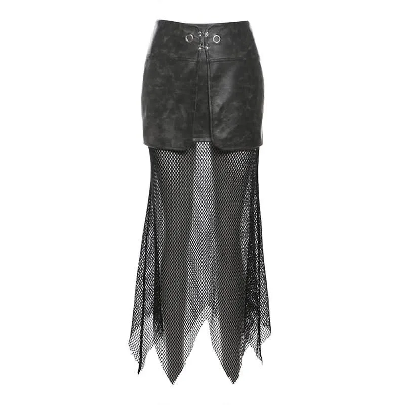 PU leather fishnet patchwork button maxi skirt