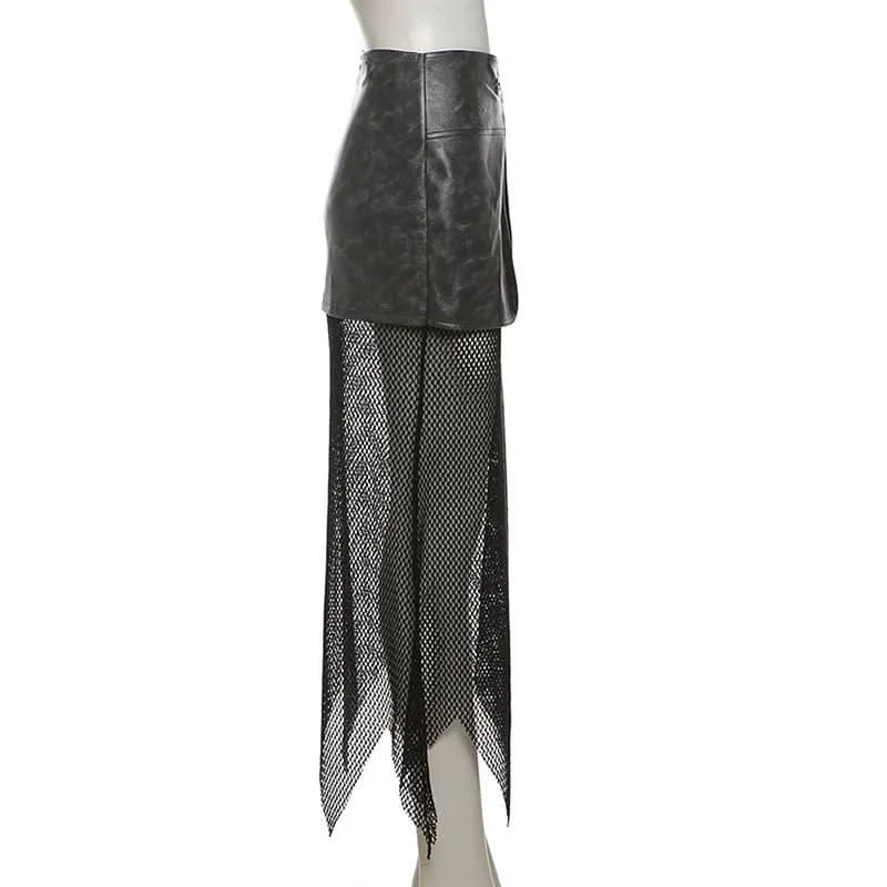 PU leather fishnet patchwork button maxi skirt