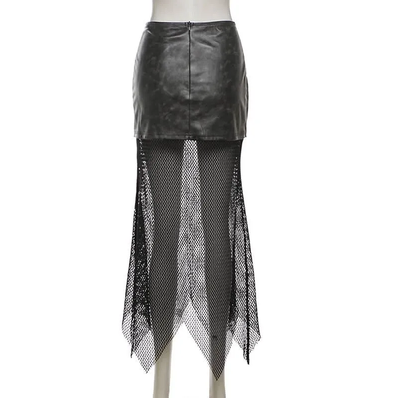 PU leather fishnet patchwork button maxi skirt