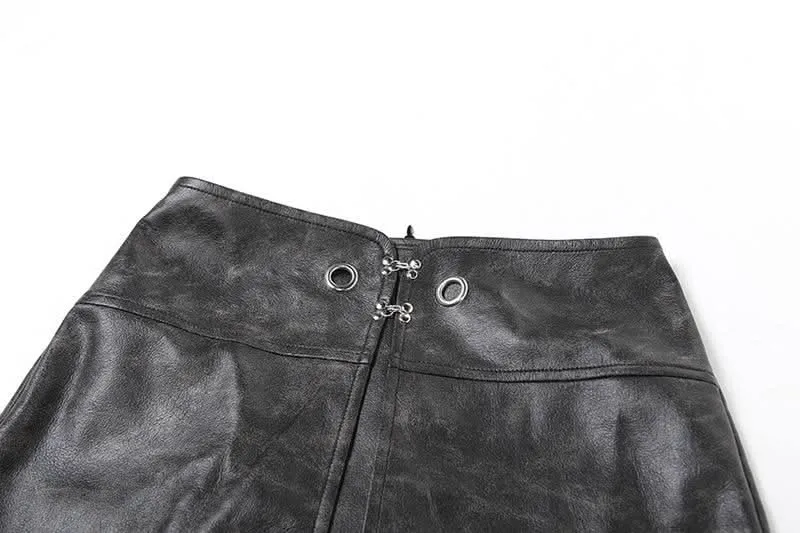 PU leather fishnet patchwork button maxi skirt