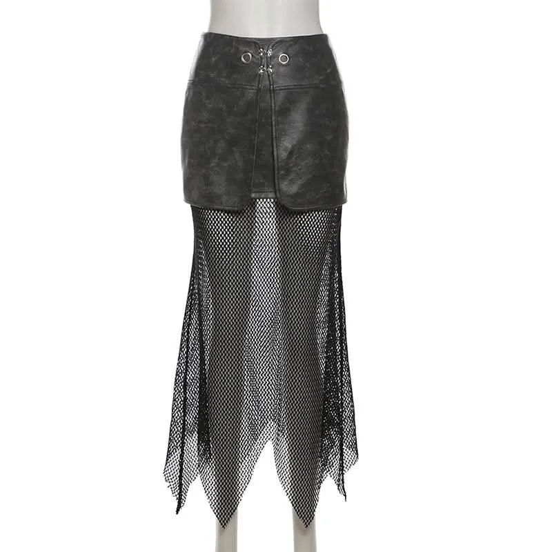 PU leather fishnet patchwork button maxi skirt