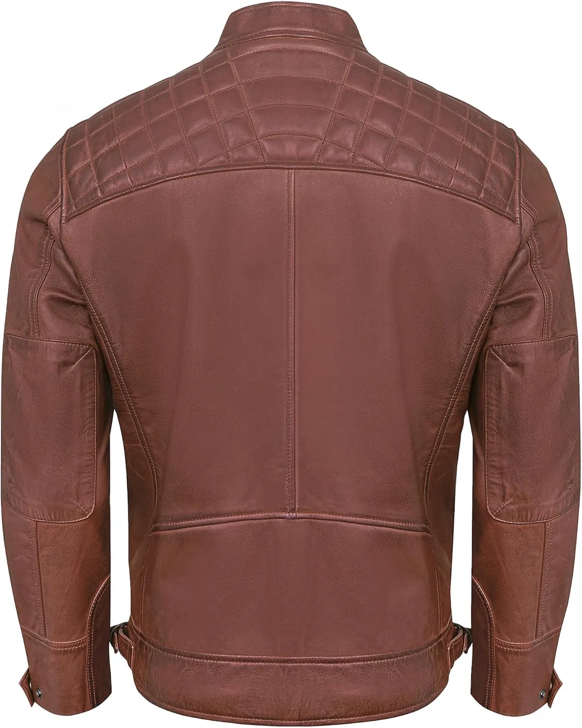 Real Leather Jacket Men - Quilted Biker Style Stand Collar Zip-Up Fashion Motorcycle Leather Jackets For Mens