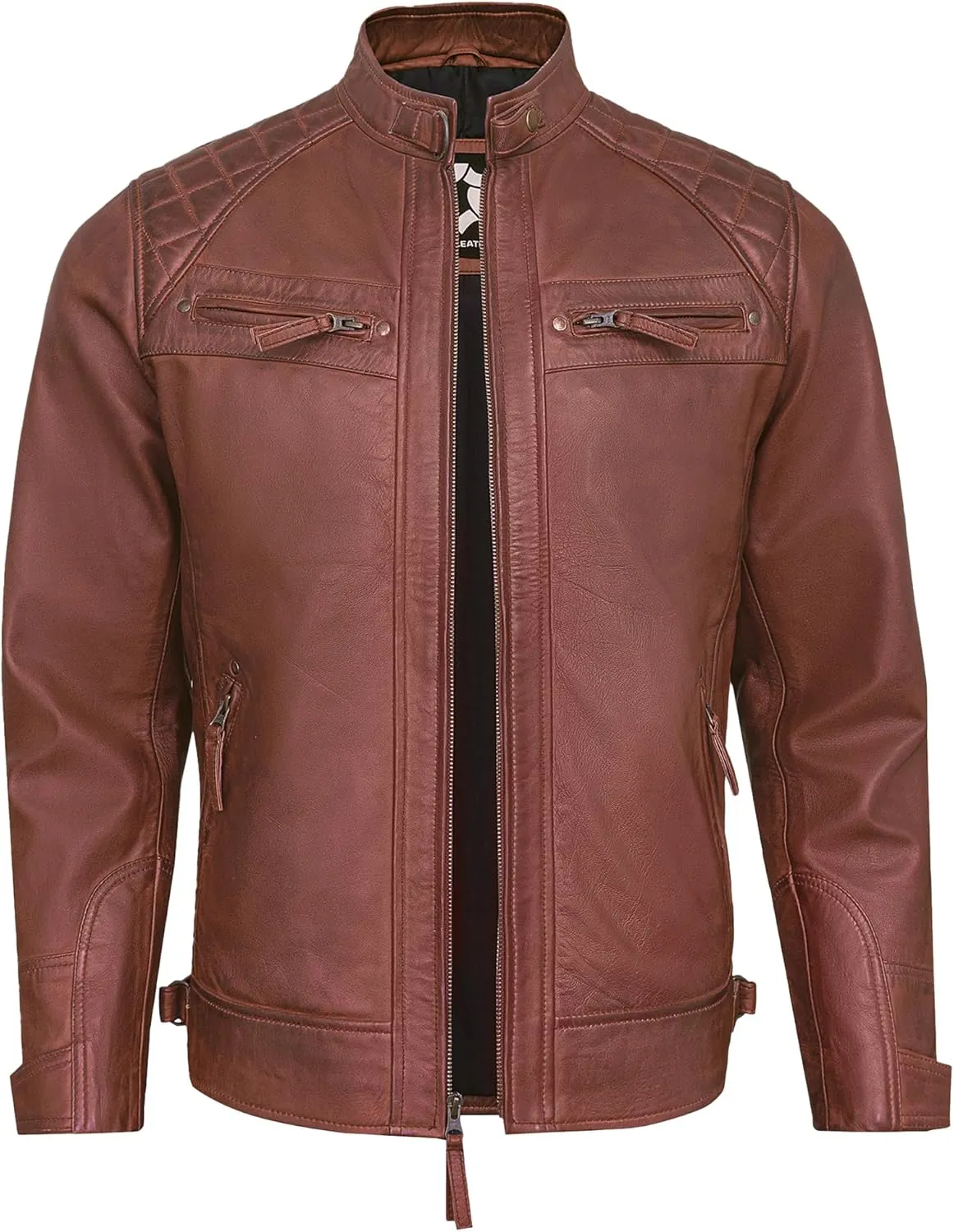 Real Leather Jacket Men - Quilted Biker Style Stand Collar Zip-Up Fashion Motorcycle Leather Jackets For Mens