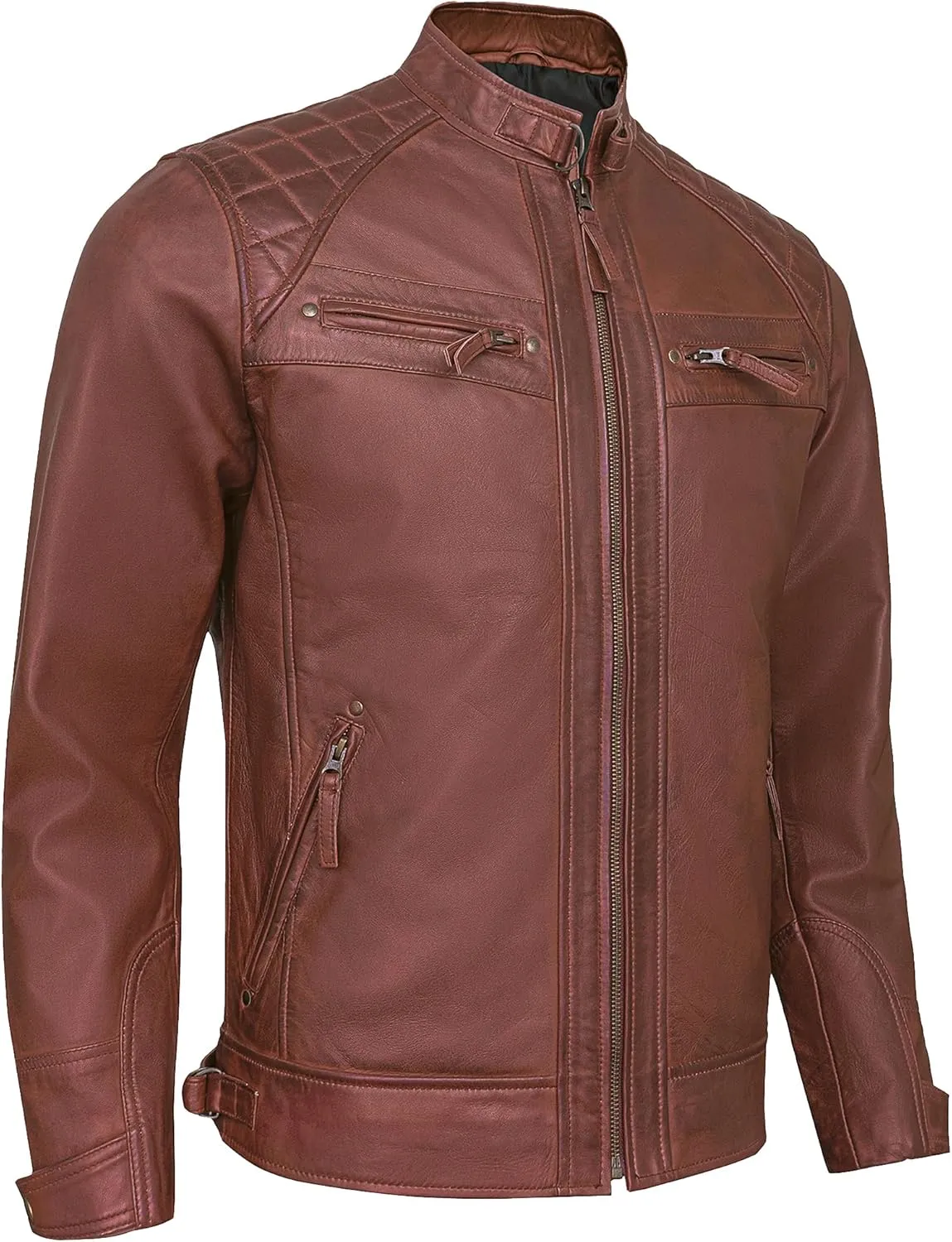 Real Leather Jacket Men - Quilted Biker Style Stand Collar Zip-Up Fashion Motorcycle Leather Jackets For Mens
