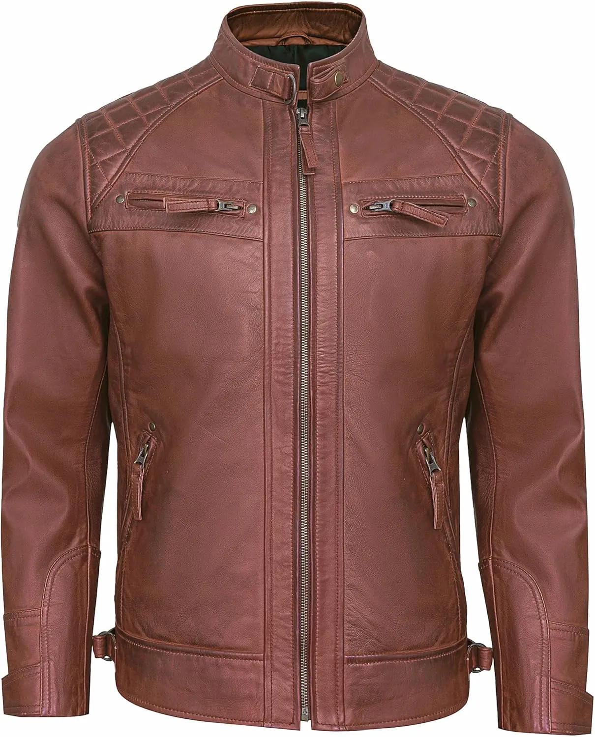 Real Leather Jacket Men - Quilted Biker Style Stand Collar Zip-Up Fashion Motorcycle Leather Jackets For Mens