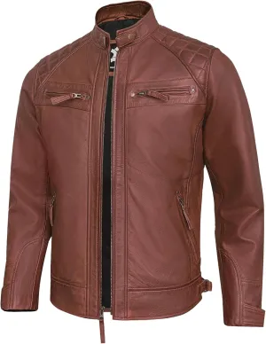 Real Leather Jacket Men - Quilted Biker Style Stand Collar Zip-Up Fashion Motorcycle Leather Jackets For Mens