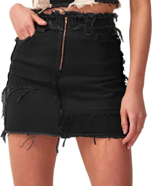 Sghenr Women's Mid Rise Color Block Patchwork Ripped Cute Mini Jean Skirt