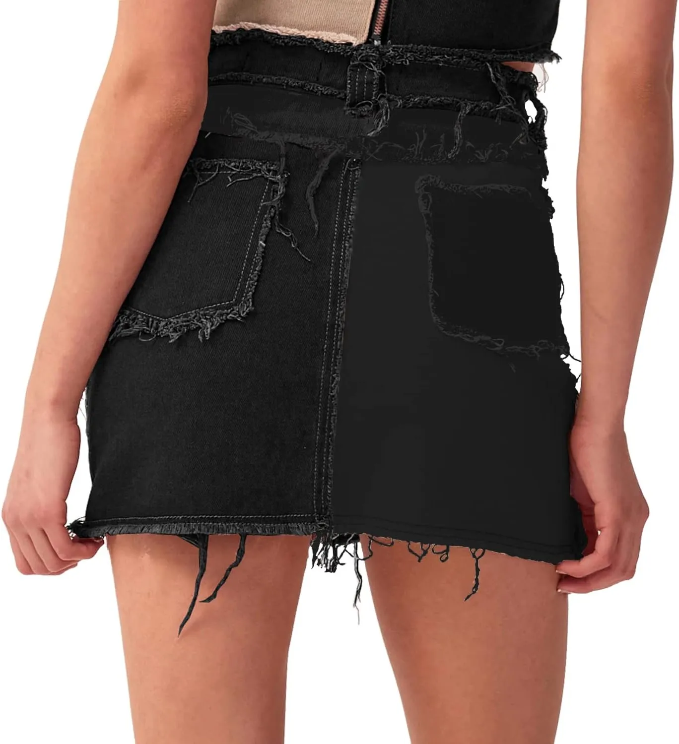 Sghenr Women's Mid Rise Color Block Patchwork Ripped Cute Mini Jean Skirt