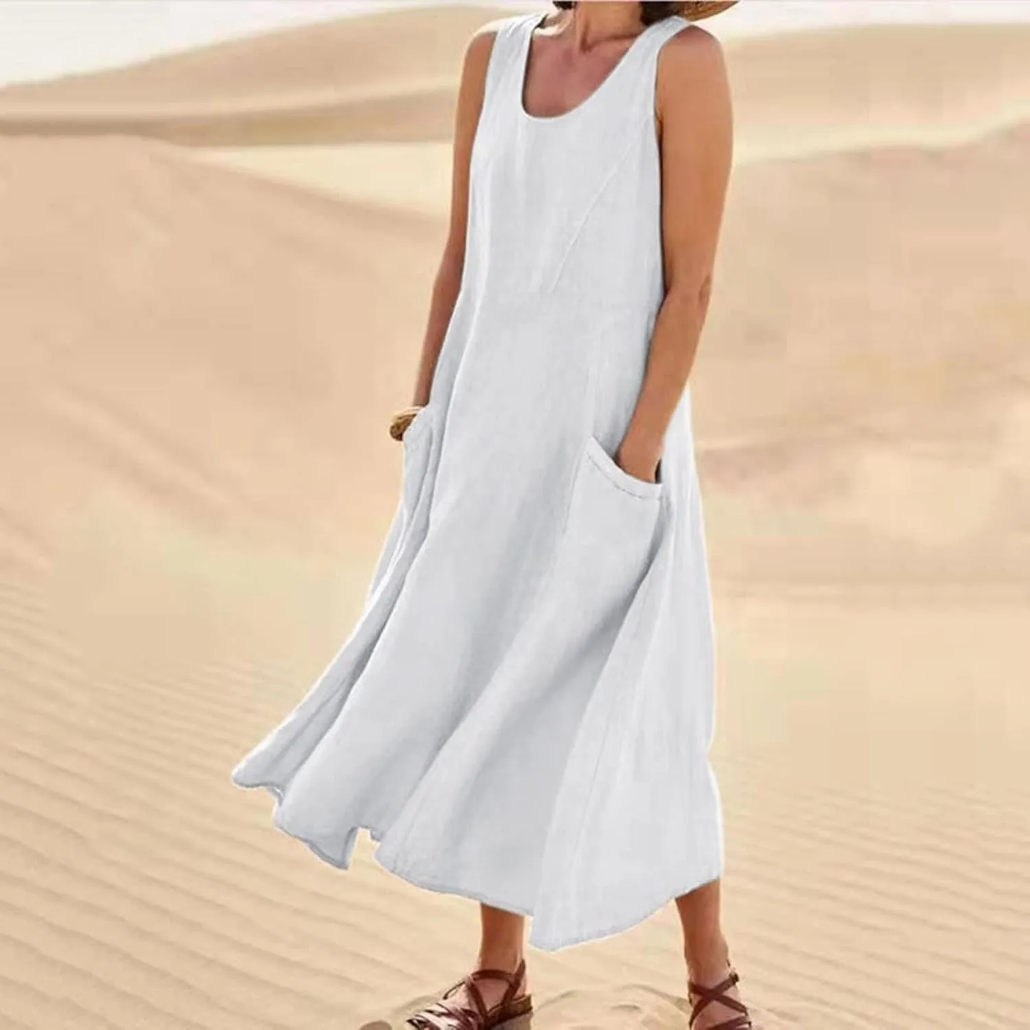 SMIDOW Cotton Dresses for Women Casual Summer 2024 Solid Beach Flowy Tshirt Sundress Sleeveless Tank Long Dress with Pockets