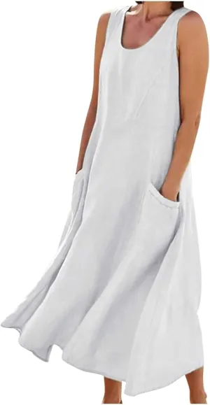 SMIDOW Cotton Dresses for Women Casual Summer 2024 Solid Beach Flowy Tshirt Sundress Sleeveless Tank Long Dress with Pockets