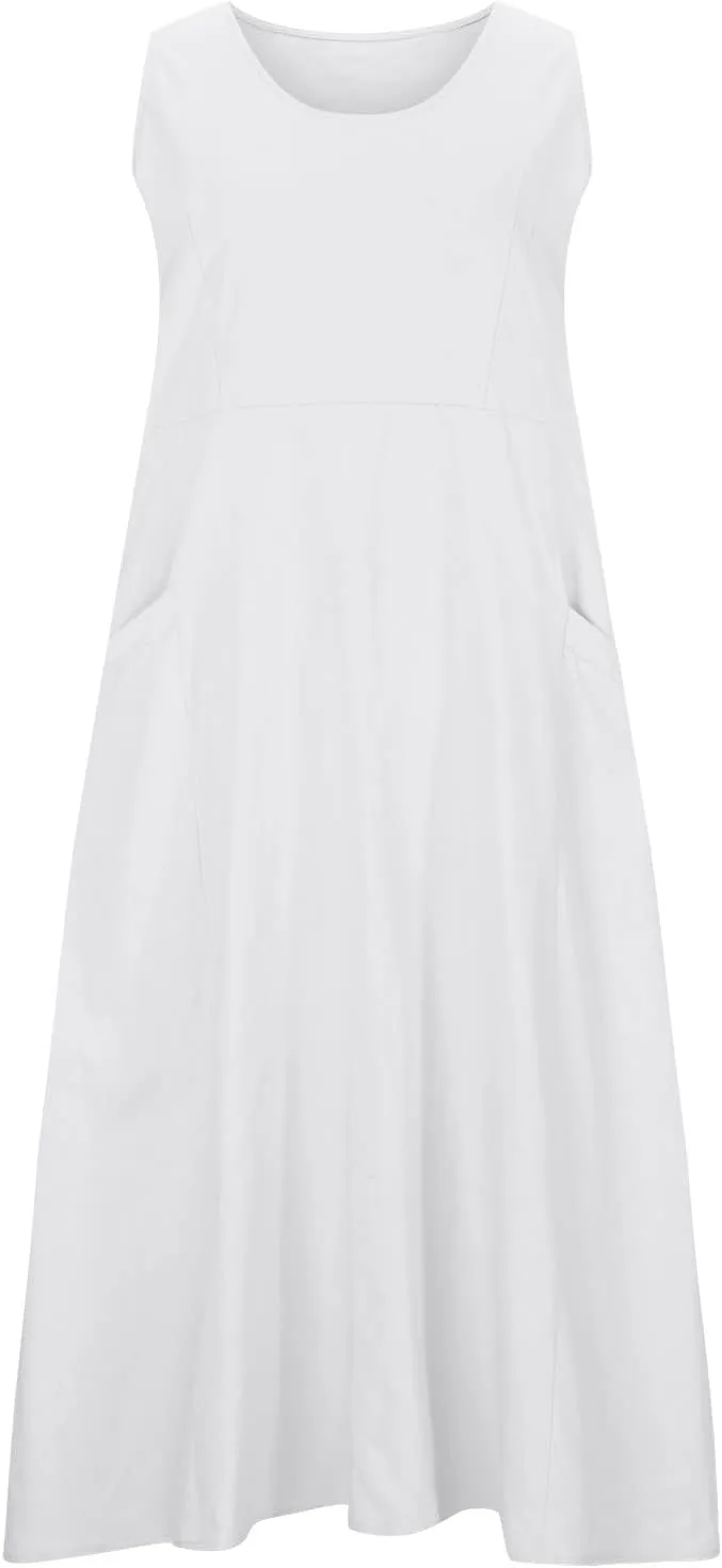 SMIDOW Cotton Dresses for Women Casual Summer 2024 Solid Beach Flowy Tshirt Sundress Sleeveless Tank Long Dress with Pockets