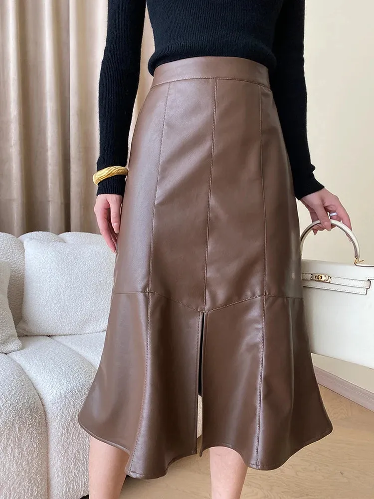 Solid Slimming Trumpet Skirts For Women High Waist Patchwork Zipper Minimalist Leather Skirt Female Fashion