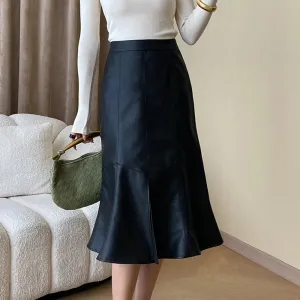 Solid Slimming Trumpet Skirts For Women High Waist Patchwork Zipper Minimalist Leather Skirt Female Fashion