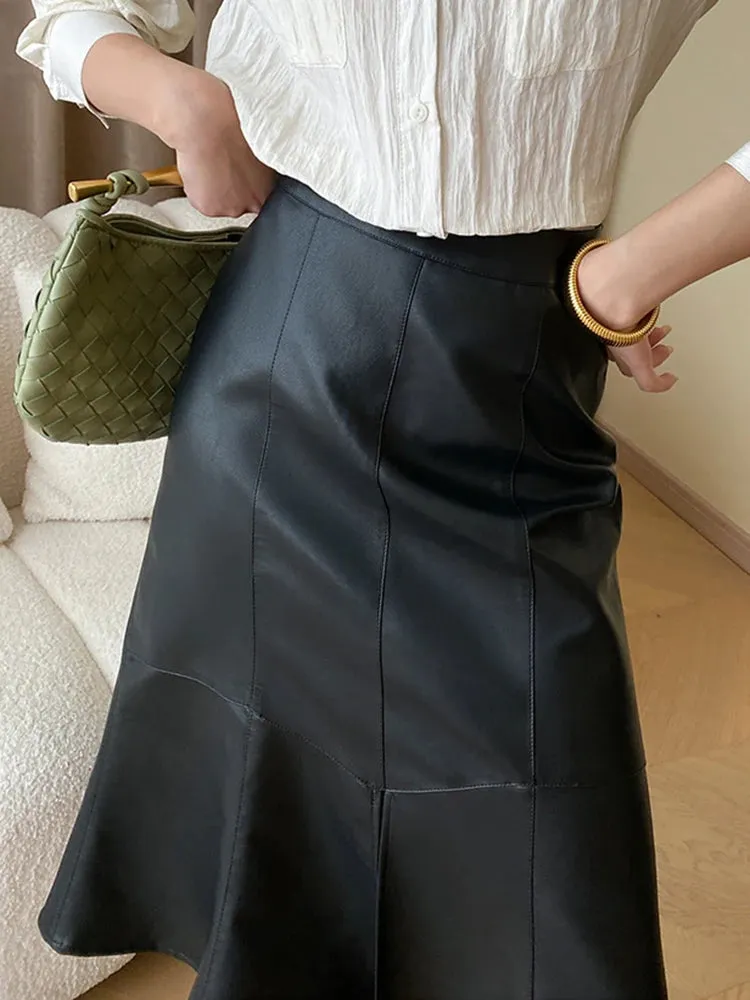 Solid Slimming Trumpet Skirts For Women High Waist Patchwork Zipper Minimalist Leather Skirt Female Fashion
