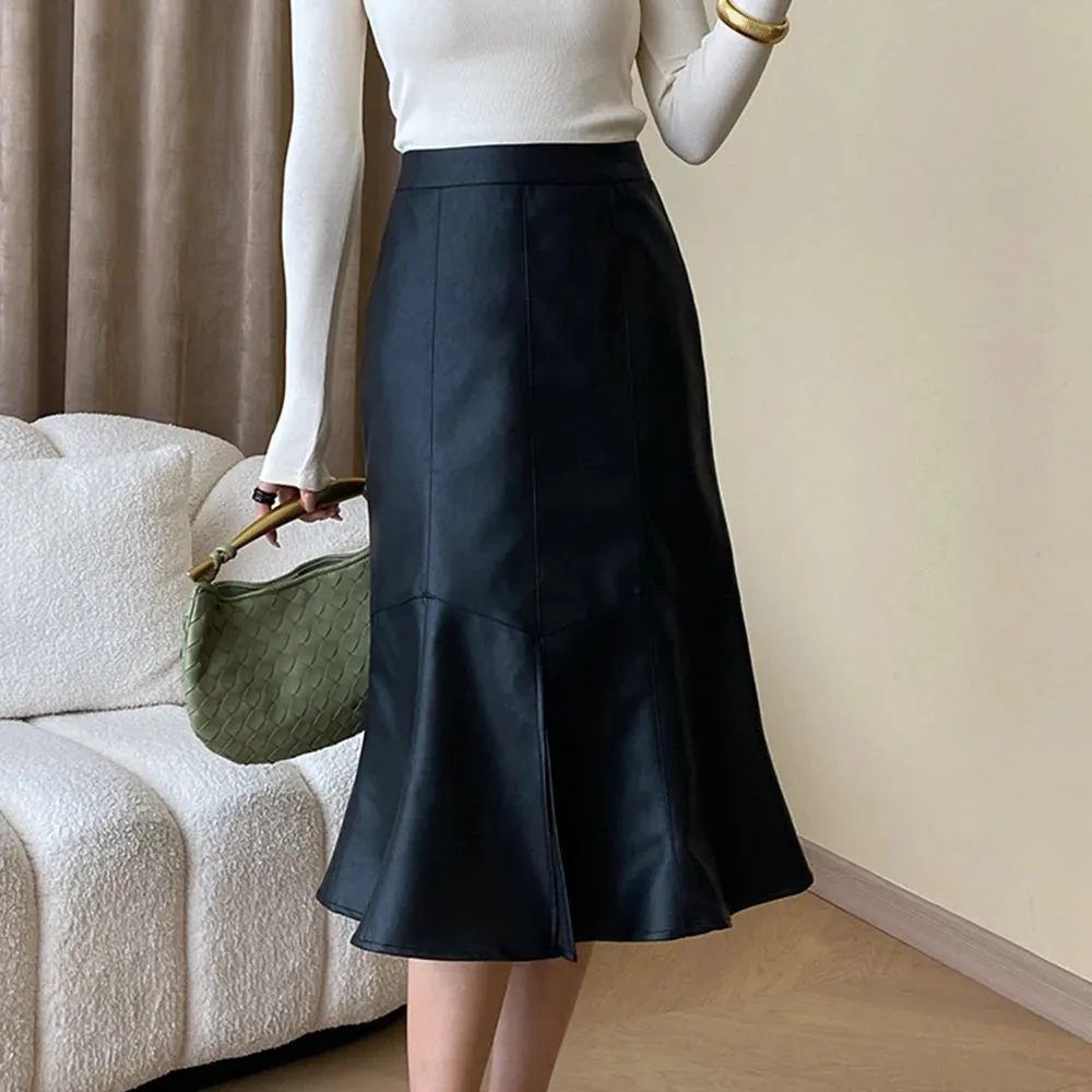 Solid Slimming Trumpet Skirts For Women High Waist Patchwork Zipper Minimalist Leather Skirt Female Fashion