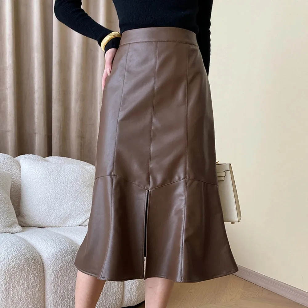 Solid Slimming Trumpet Skirts For Women High Waist Patchwork Zipper Minimalist Leather Skirt Female Fashion