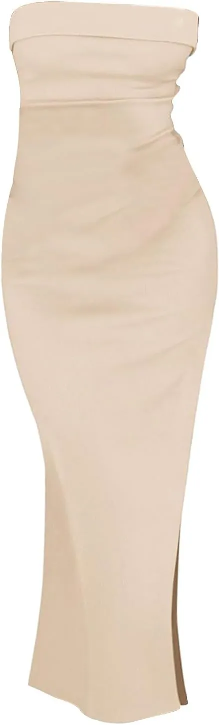 Summer Dresses for Women 2025 Elegant Sexy Bodycon Maxi Dresses Strapless Side Slit Solid Color Dress Wedding Guest Dress