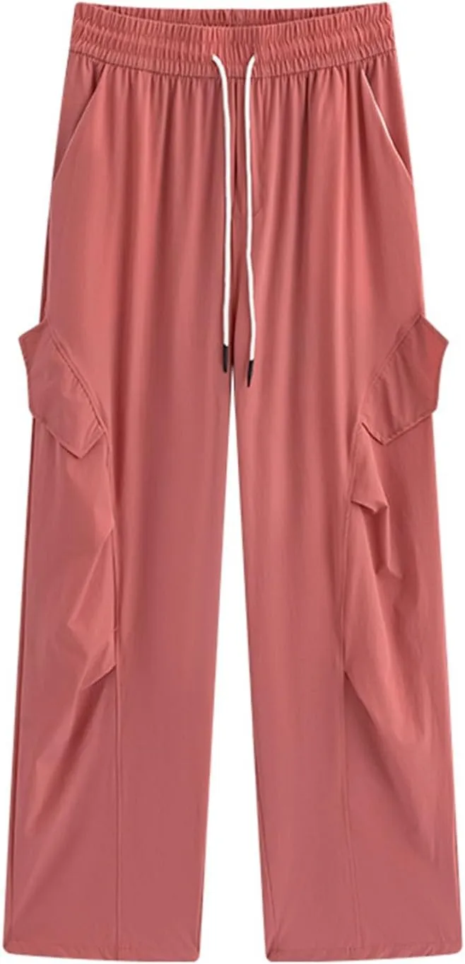 Summer Pants for Women 2025 Utility Cargo Pants High Waisted Elastic Drawstring Casual Trousers Straight Leg Pocket Workwear