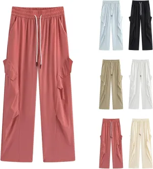 Summer Pants for Women 2025 Utility Cargo Pants High Waisted Elastic Drawstring Casual Trousers Straight Leg Pocket Workwear