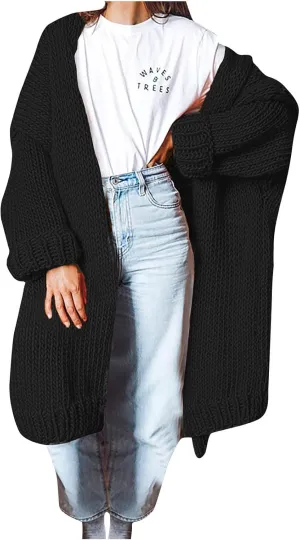 Teen Girls Oversized Cardigan Sweater Open Front Chunky Knit Sweater Mid Long Balloon Sleeves Baggy Outerwear (S-3X)