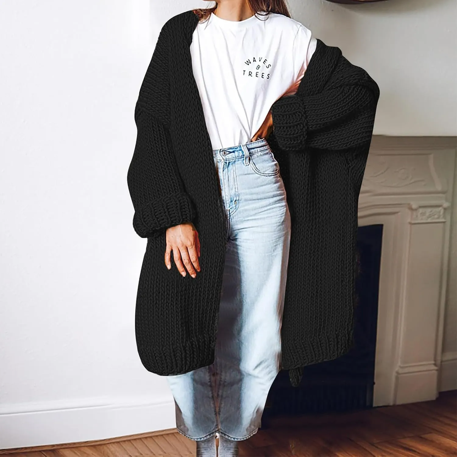 Teen Girls Oversized Cardigan Sweater Open Front Chunky Knit Sweater Mid Long Balloon Sleeves Baggy Outerwear (S-3X)