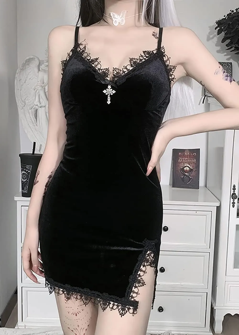 TSMNZMU Women Gothic Mini Dress Velvet Sleeveless Lolita Dresses Emo Grunge Punk Dress Goth Sexy Halter Dress