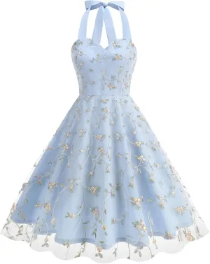 Vintage Dress for Women 1950s Cottagecore Cocktail Dresses Halter V Neck Mesh Floral Embroidered Swing Party Dress