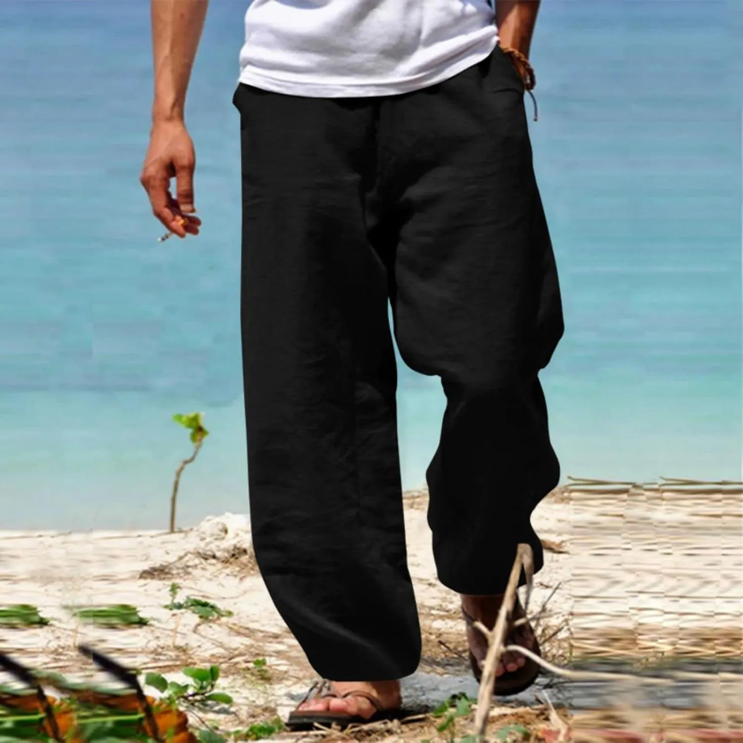 Wankang Linen Pants for Men Loose Fit Elastic Waist Drawstring Yoga Beach Pants Casual Lightweight Hippie Trousers