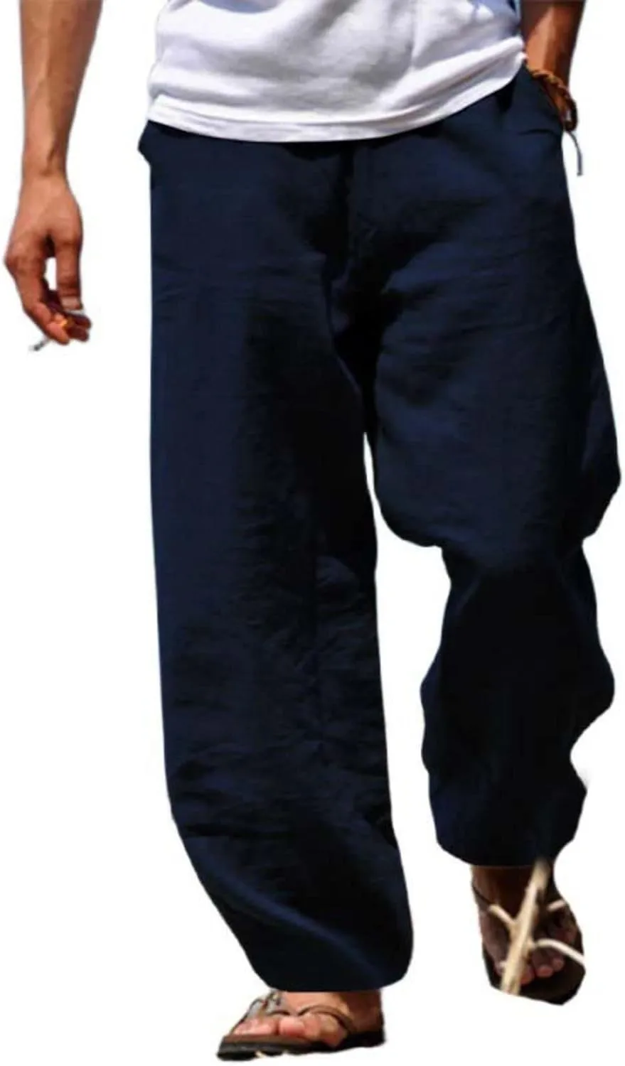 Wankang Linen Pants for Men Loose Fit Elastic Waist Drawstring Yoga Beach Pants Casual Lightweight Hippie Trousers